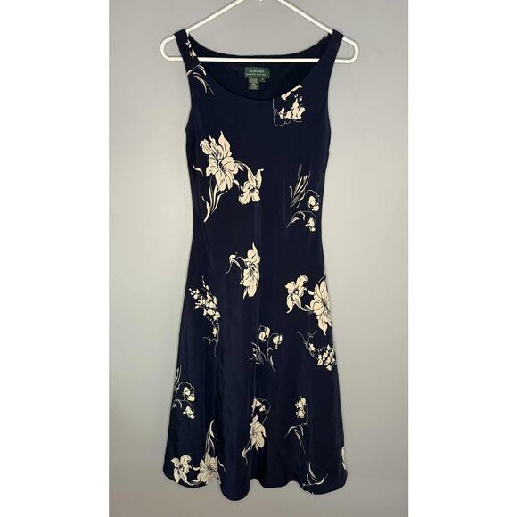 Lauren Ralph Lauren Floral Print Silk Sleeveless Midi Dress Navy Women's Size 4 - Picture 1 of 6